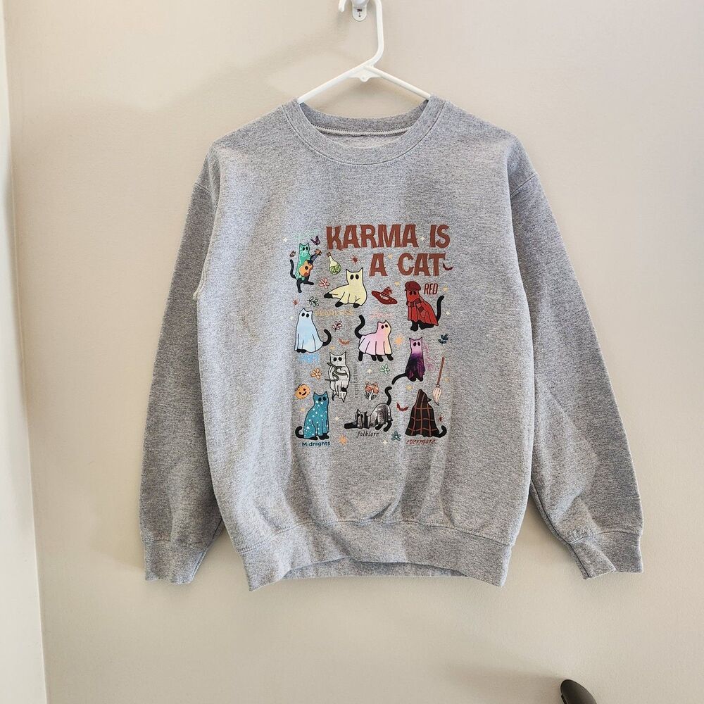 Taylor Swift Eras Tour Karma Is A Cat Grey Crewneck Sweatshirt Cute Ghost Kitty